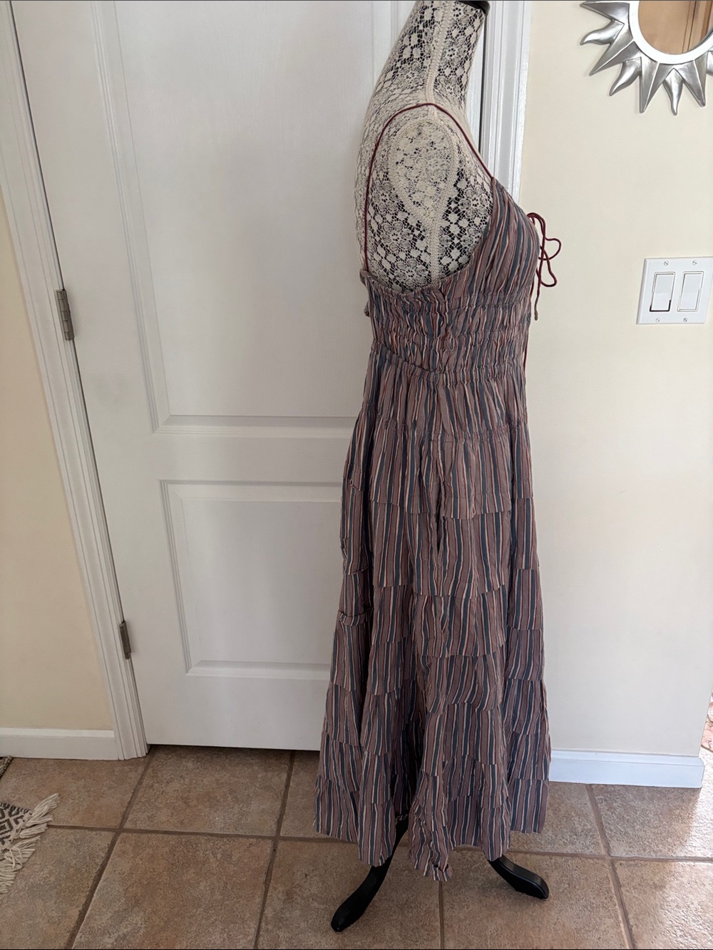 Free People Going Steady Rust Blue Striped Tiered Midi Dress-M - Picture 4 of 10